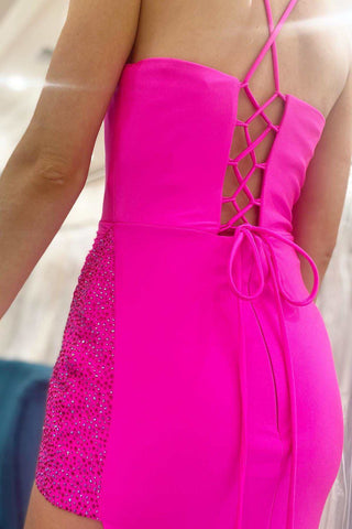 Fuchsia Beaded Cowl Neck Lace-Up Long Formal Dress with Slit