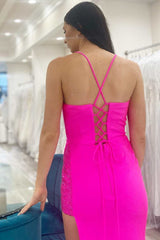 Fuchsia Beaded Cowl Neck Lace-Up Long Formal Dress with Slit