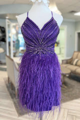 Purple Feather Beaded Lace-Up Back Cocktail Dress