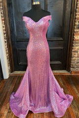 Pink Sequin Off-the-Shoulder Cross-Back Mermaid Long Prom Gown