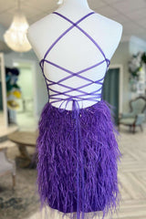 Purple Feather Beaded Lace-Up Back Cocktail Dress