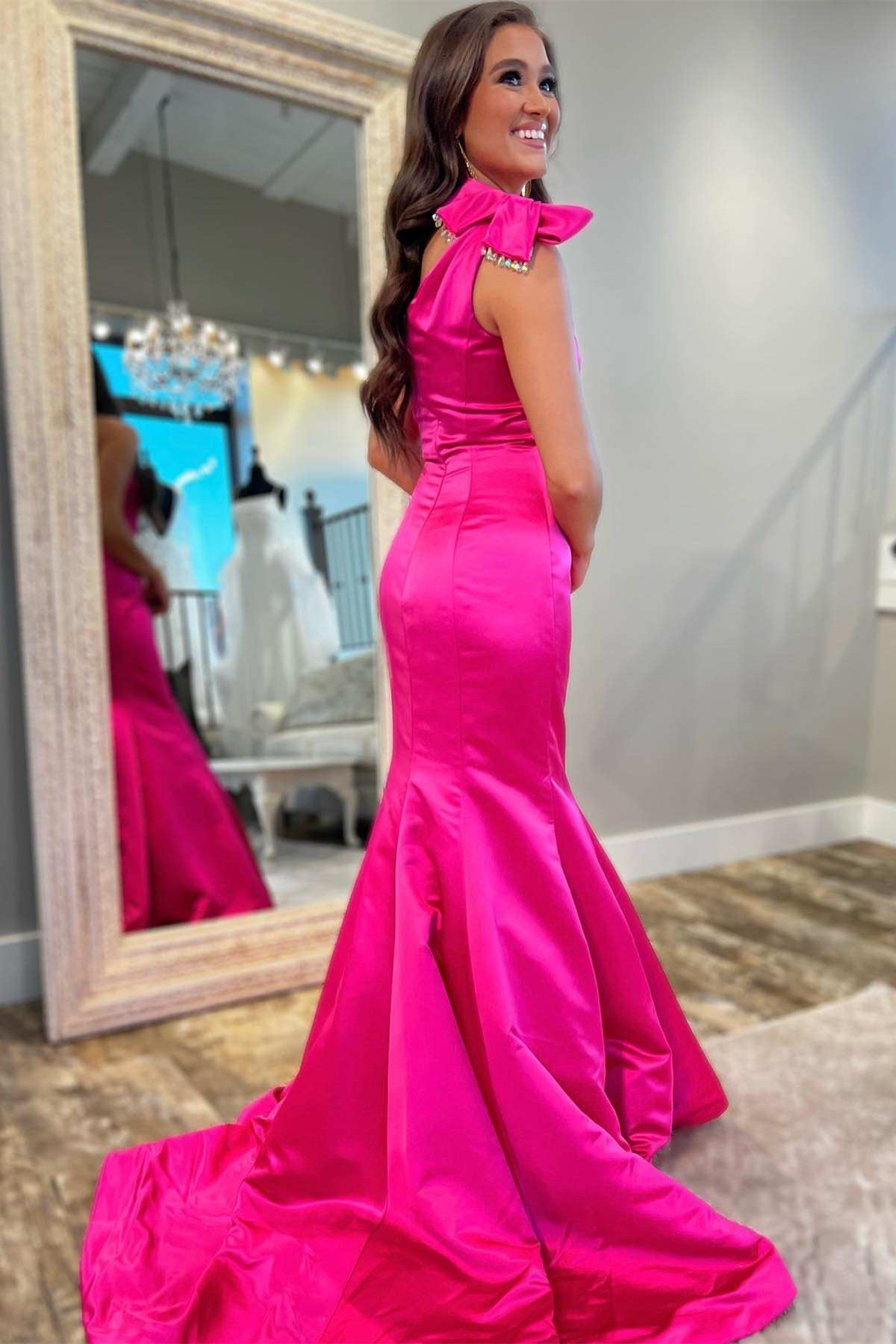 Hot Pink Bow One-Shoulder Trumpet Long Formal Gown