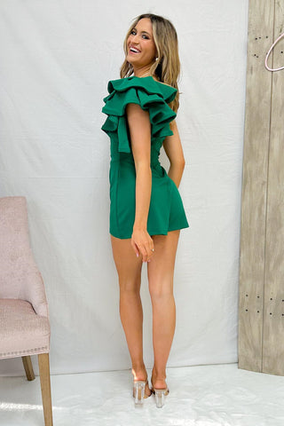 Green One Shoulder Ruffle Short Prom Jumpsuit