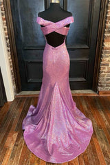 Pink Sequin Off-the-Shoulder Cross-Back Mermaid Long Prom Gown