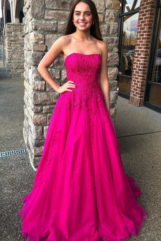 Magenta Floral Lace Strapless A-Line Prom Dress