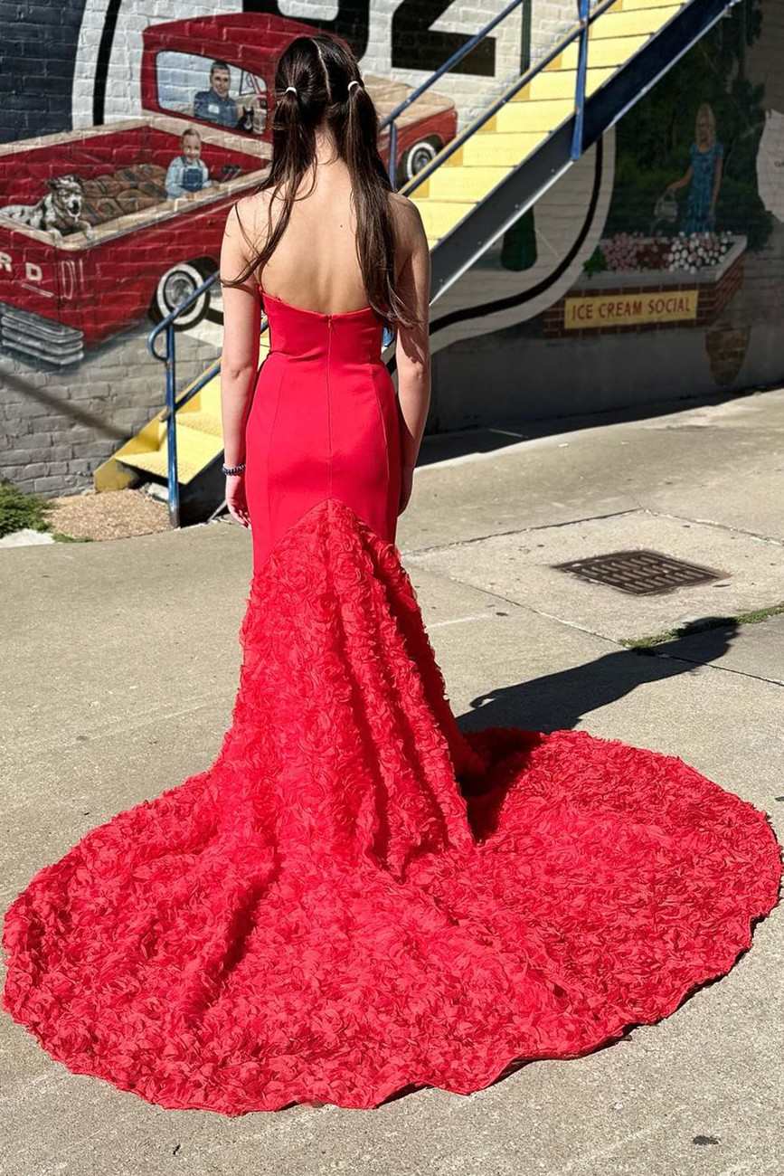Red 3D Floral Lace Strapless Trumpet Long Prom Gown