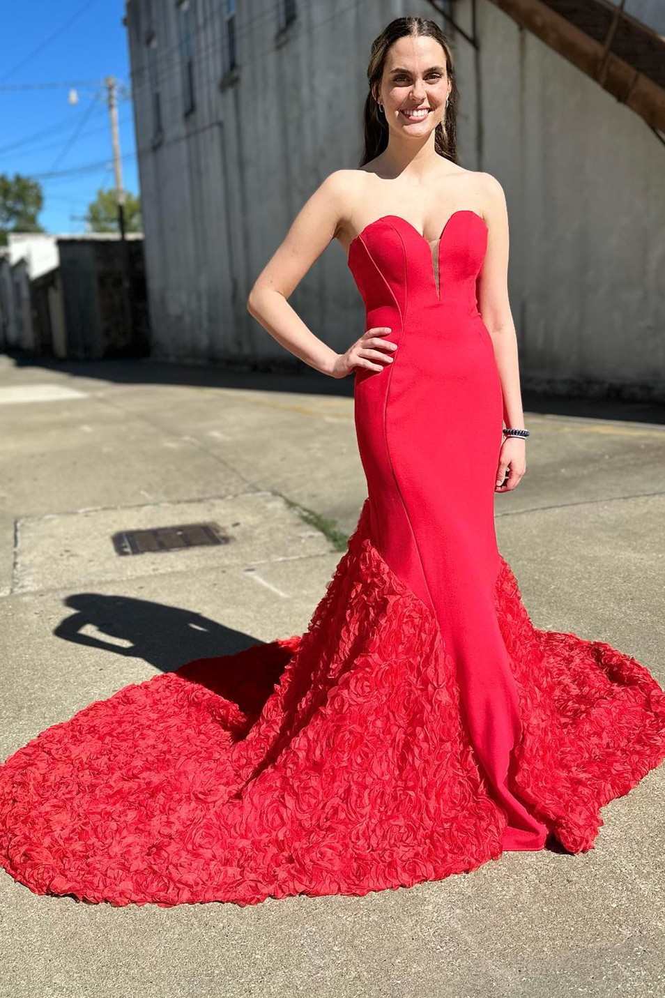 Red 3D Floral Lace Strapless Trumpet Long Prom Gown