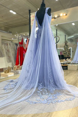 Periwinkle Appliques Plunge V A-Line Prom Dress with Cape Sleeves