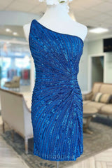 Blaues, perlenbesetztes, kurzes Ballkleid mit One-Shoulder-Träger