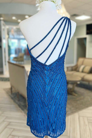 Blue Beaded One-Shoulder Short Homecoming Dress