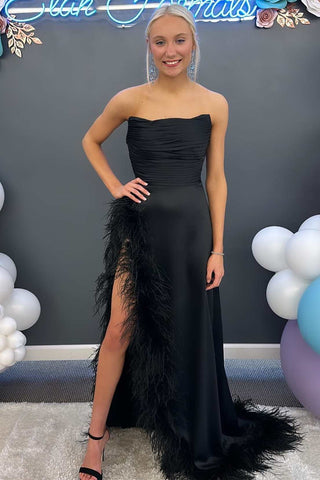 Black Strapless Pleated Satin Long Prom Gown with Feathers 