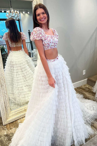 Floral Two-Piece Square Neck Tiered Long Prom Dress with Ruffles