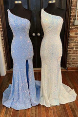 Sequin One-Shoulder Mermaid Long Prom Dress with Slit