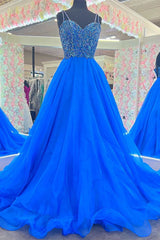 Blue Organza Beaded Sweetheart A-Line Long Prom Gown