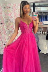 Fuchsia Tulle Beaded V-Neck A-Line Long Prom Dress