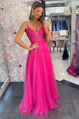 Fuchsia Tulle Beaded V-Neck A-Line Long Prom Dress