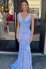 Periwinkle Sequin Plunge V Trumpet Long Prom Gown