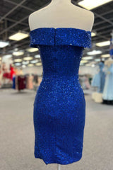 Blue Sequin Off-the-Shoulder Short Homecoming Dress with Slit