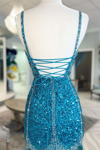 Blue Sequin Fringe V-Neck Lace-Up Back Short Party Dress