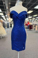 Blue Sequin Off-the-Shoulder Short Homecoming Dress with Slit