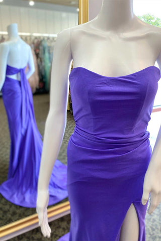 Purple Strapless Tie-Back Mermaid Long Formal Dress with Slit