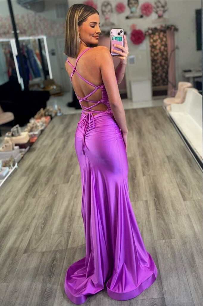 Purple Lace-Up Back Trumpet Long Formal Dress