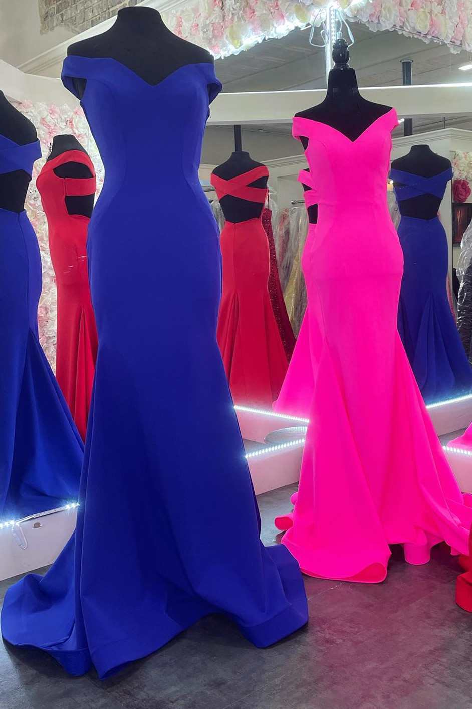 Hot Pink Off-the-Shoulder Cross-Back Trumpet Long Prom Gown