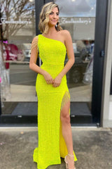 Yellow Sequin Tassel One-Shoulder Long Prom Dress with Slit