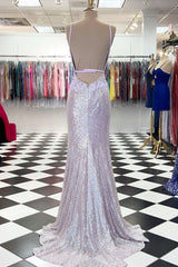 Magenta Sequin 3D Floral Lace Backless Mermaid Long Prom Dress with Slit