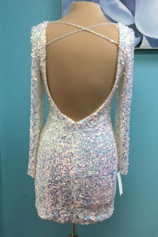 White Iridescent Sequin Open Back Short Homecoming Dress with Sleeves