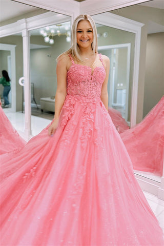 Pink A-line Lace-Up Applique Spaghetti Straps Tulle Long Prom Dress