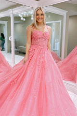 Pink A-line Lace-Up Applique Spaghetti Straps Tulle Long Prom Dress