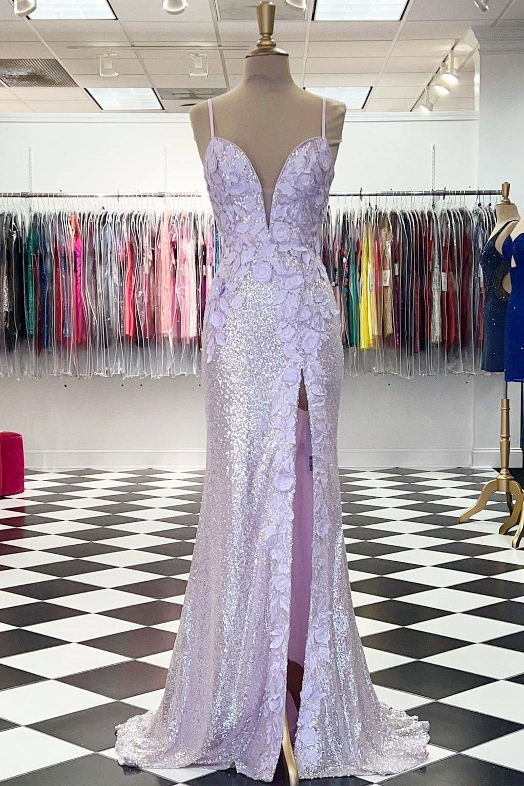 Magenta Sequin 3D Floral Lace Backless Mermaid Long Prom Dress with Slit