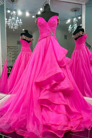 Ruffles Fuchsia Beaded Off-the-Shoulder Long Prom Gown