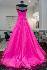 Ruffles Fuchsia Beaded Off-the-Shoulder Long Prom Gown