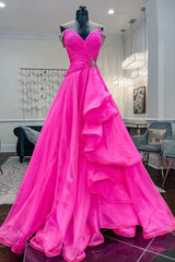 Ruffles Fuchsia Beaded Off-the-Shoulder Long Prom Gown