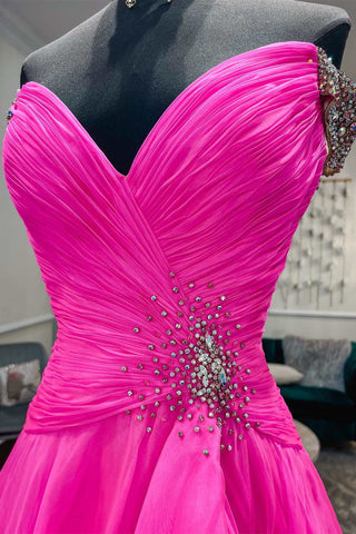 Ruffles Fuchsia Beaded Off-the-Shoulder Long Prom Gown