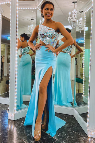 Light Blue Cut Glass Mirror One-Shoulder Cutout Long Prom Dress with Slit