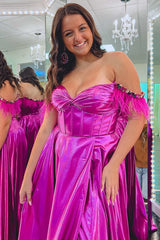 Fuchsia Feathers Off-the-Shoulder A-Ling Prom Dress