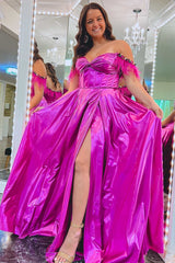 Fuchsia Feathers Off-the-Shoulder A-Ling Prom Dress