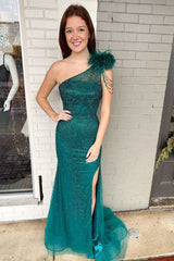 Hunter Green Feather One-Shoulder Mermaid Long Formal Dress with Slit