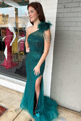 Hunter Green Feather One-Shoulder Mermaid Long Formal Dress with Slit