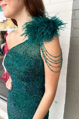 Hunter Green Feather One-Shoulder Mermaid Long Formal Dress with Slit