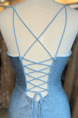 Light Blue Beaded Lace-Up Back Short Homecoming Dress