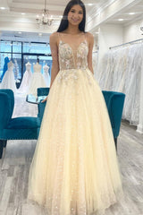 Beige A-line V Neck Beaded Applique Long Prom Dress with Dot