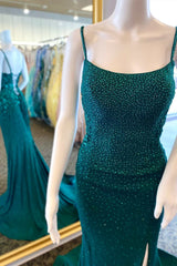 Hunter Green Beaded Lace-Up Back Mermaid Long Formal Dress with Slit