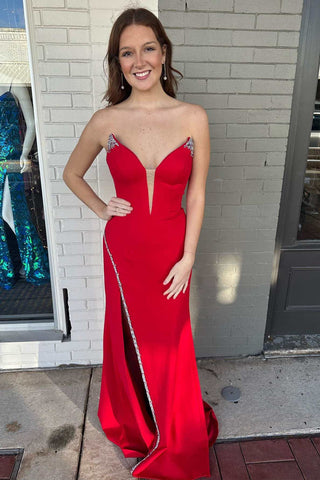 Red Beaded Strapless Mermaid Long Formal Dress with Slit