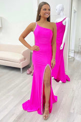 Fuchsia Beaded One-Shoulder Mermaid Long Formal Dress with Slit