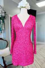 Neon Pink Sequin V-Neck Long Sleeve Short Party Dress