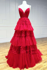 Red Tulle V-Neck Multi-Tiered A-Line Prom Dress
